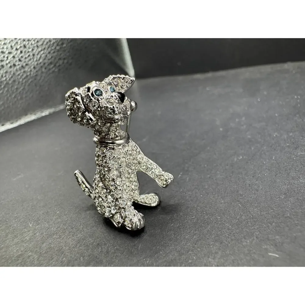 Vintage Silver Tone Sparkling Crystal Dog Brooch Pin Lapel With Blue Eyes